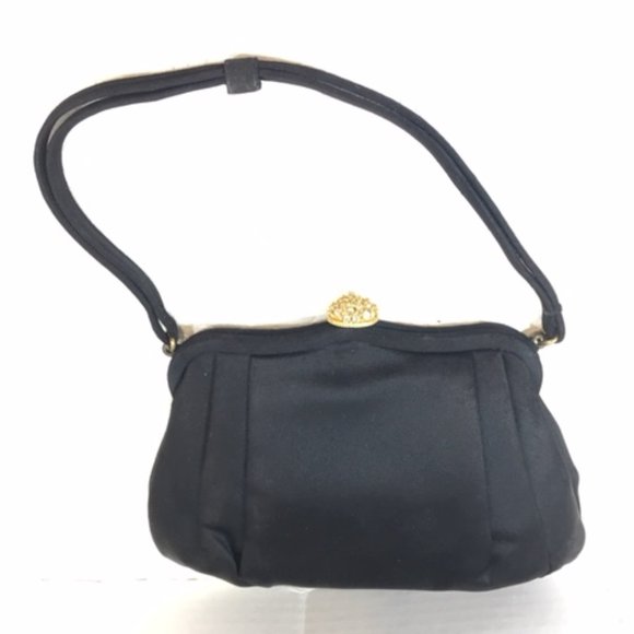Vtg MM Morris Moskowitz Black Satin Evening Gold Rhinestone Fancy Clasp Purse - Picture 4 of 10